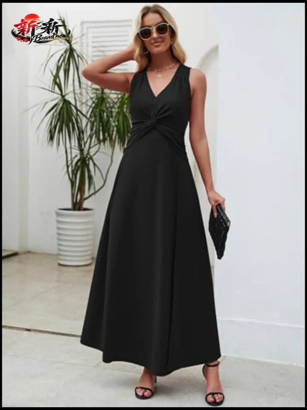 V-Neck Sleeveless Formal A-Line Midi Dress with Ruffle - Picture 2 of 7